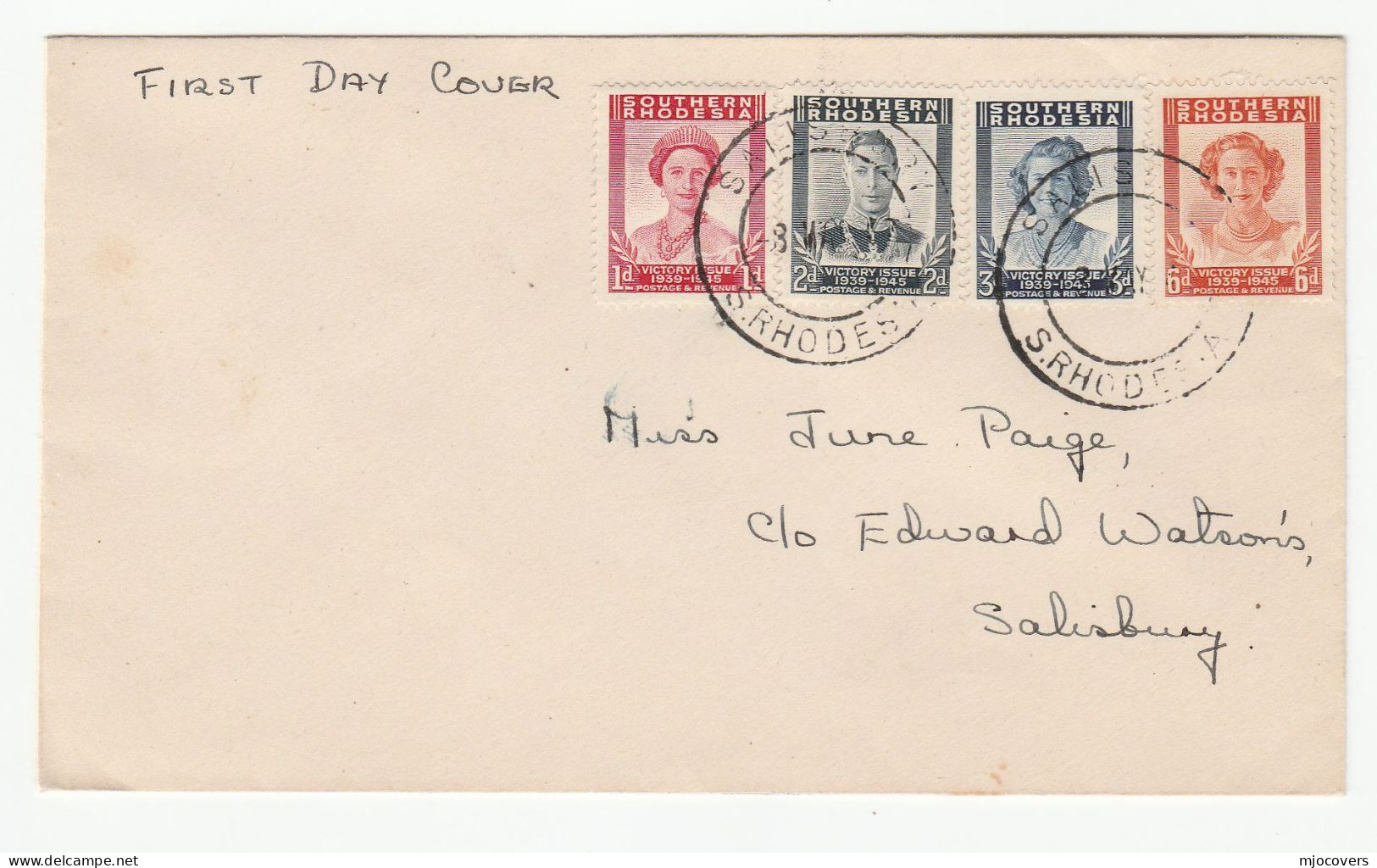 1947 Southern RHODESIA  FDC Victory Stamps Cover - Rhodésie Du Sud (...-1964)