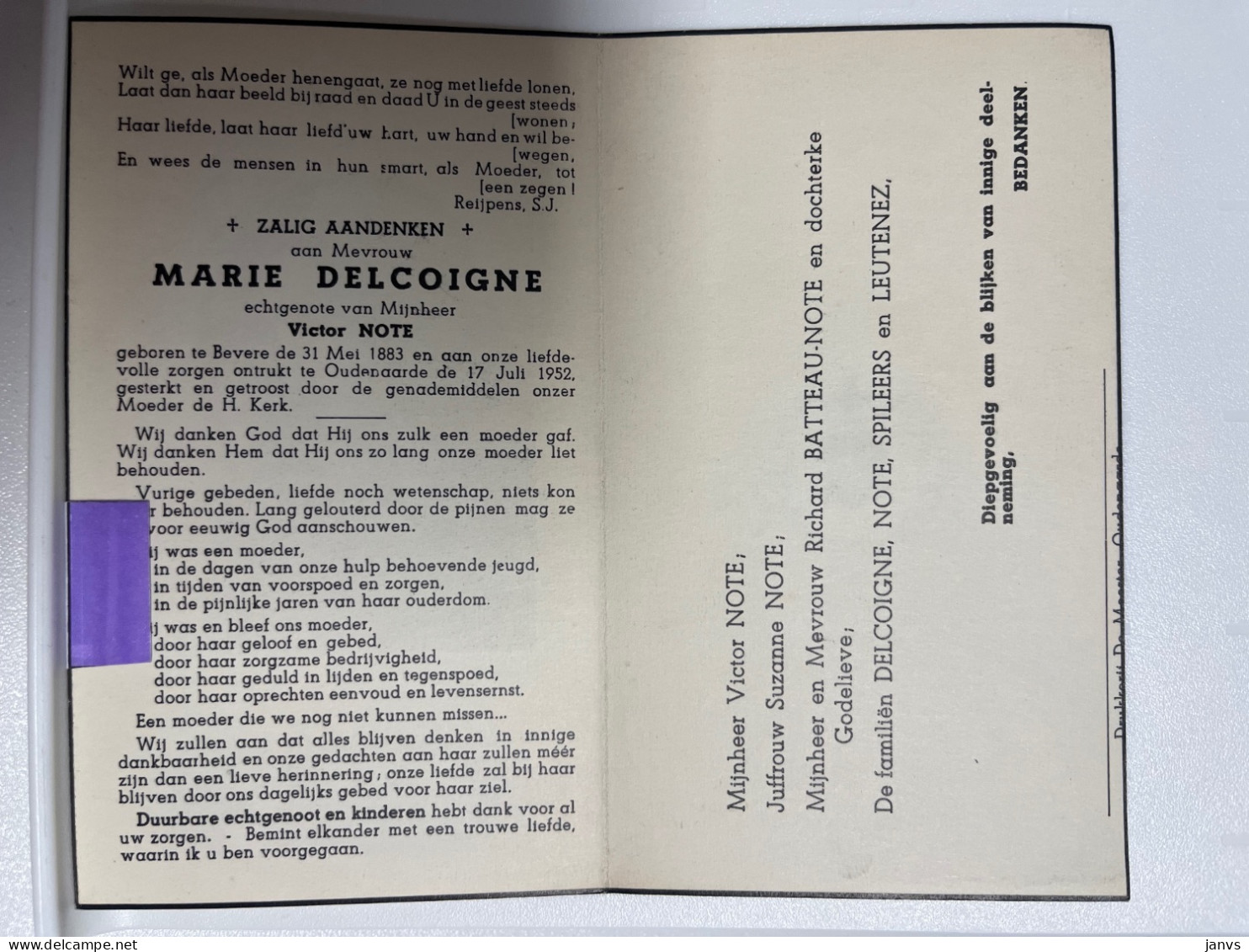 Devotie DP - Overlijden Marie Delcoigne Echtg Note - Bevere 1883 - Oudenaarde 1952 - Obituary Notices