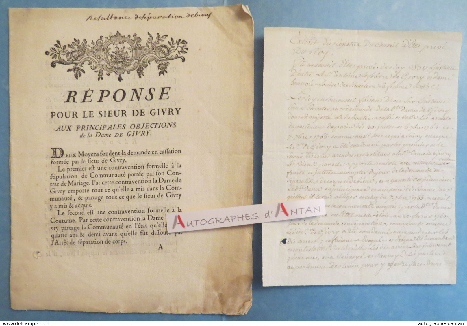 ● 1767 Réponse Pour Le Sieur De GIVRY Aux Principales Objections De La Dame De GIVRY - Imprimé + Manuscrit Ancien Régime - Historische Dokumente