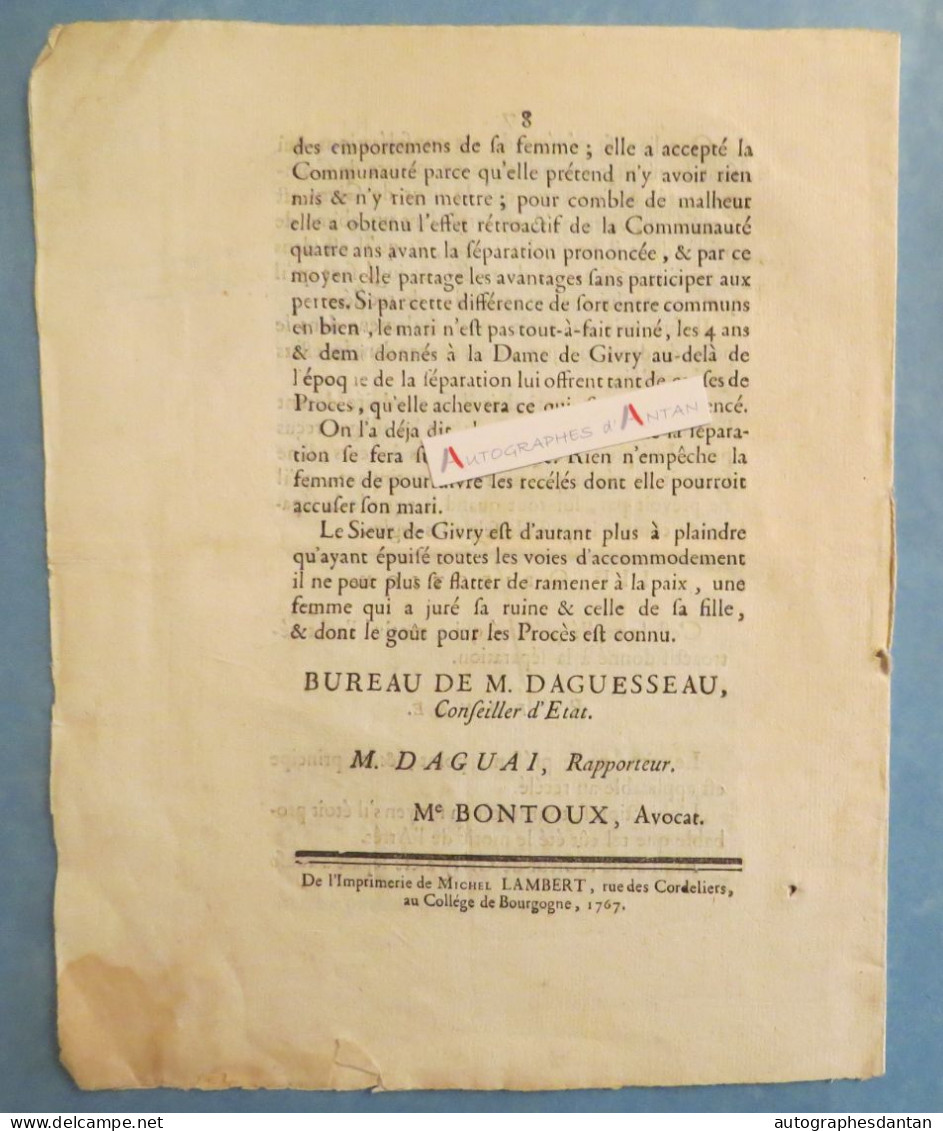 ● 1767 Réponse Pour Le Sieur De GIVRY Aux Principales Objections De La Dame De GIVRY - Imprimé + Manuscrit Ancien Régime - Historische Documenten