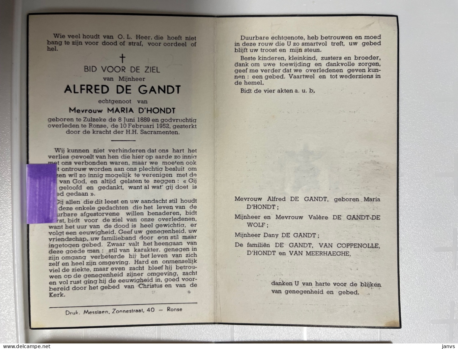 Devotie DP - Overlijden Alfred De Gandt Echtg D'Hondt - Zulzeke 1889 - Ronse 1952 - Obituary Notices