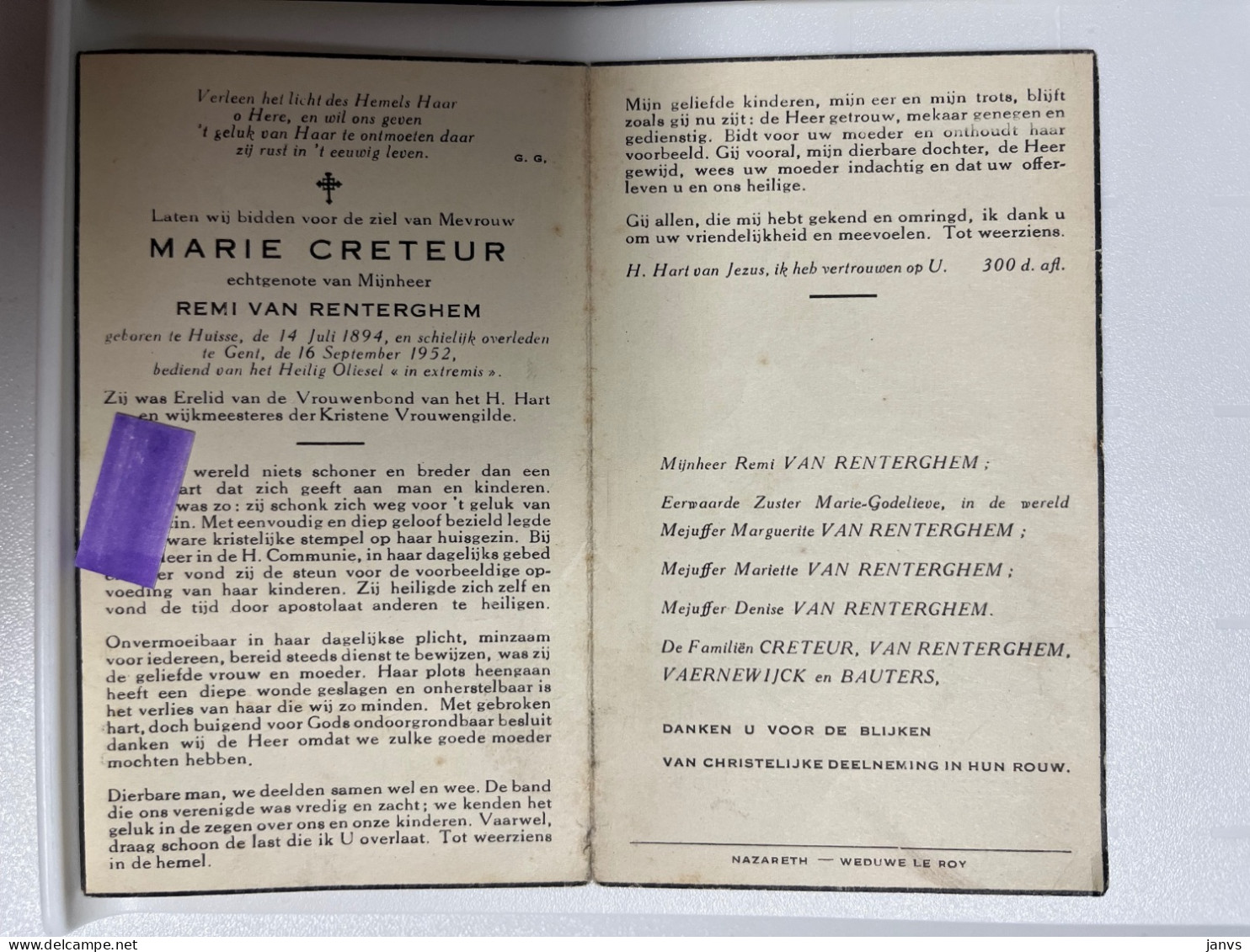 Devotie DP - Overlijden Marie Creteur Echtg Van Renterghem - Huisse / Huise 1894 - Gent 1952 - Décès