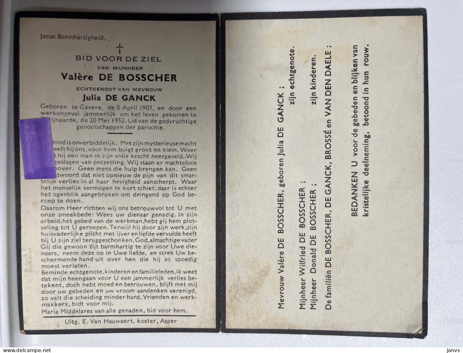 Devotie DP - Overlijden Valère De Bosscher Echtg De Ganck - Gavere 1907 - Zwijnaarde 1952 Door Werkongeval - Esquela