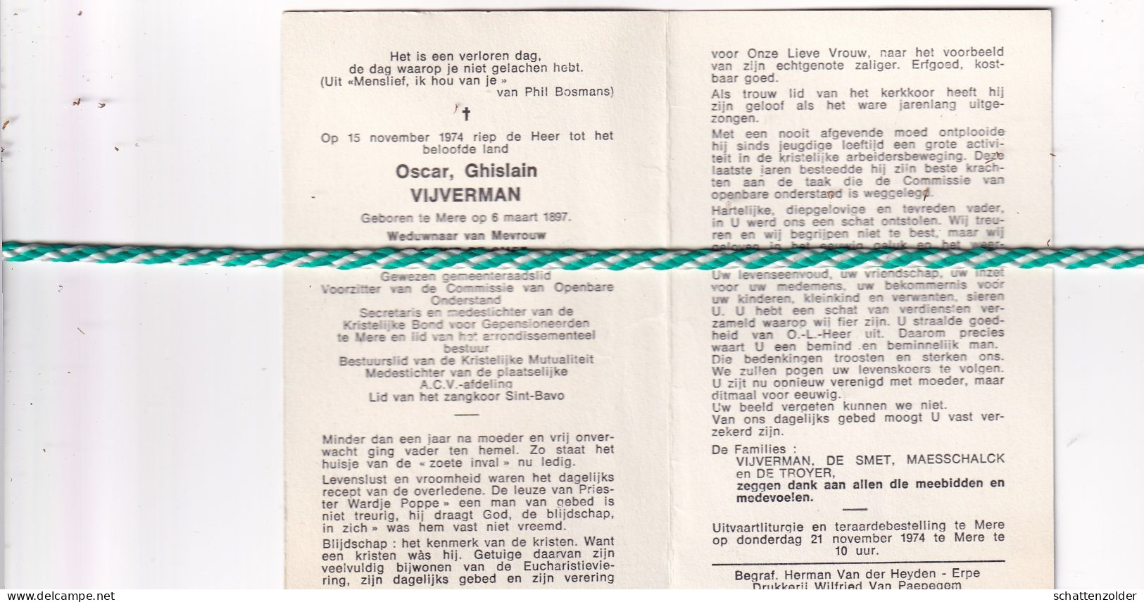 Oscar Ghislain Vijverman-De Smet, Mere 1897, 1974. Gewezen Gemeenteraadslid - Obituary Notices