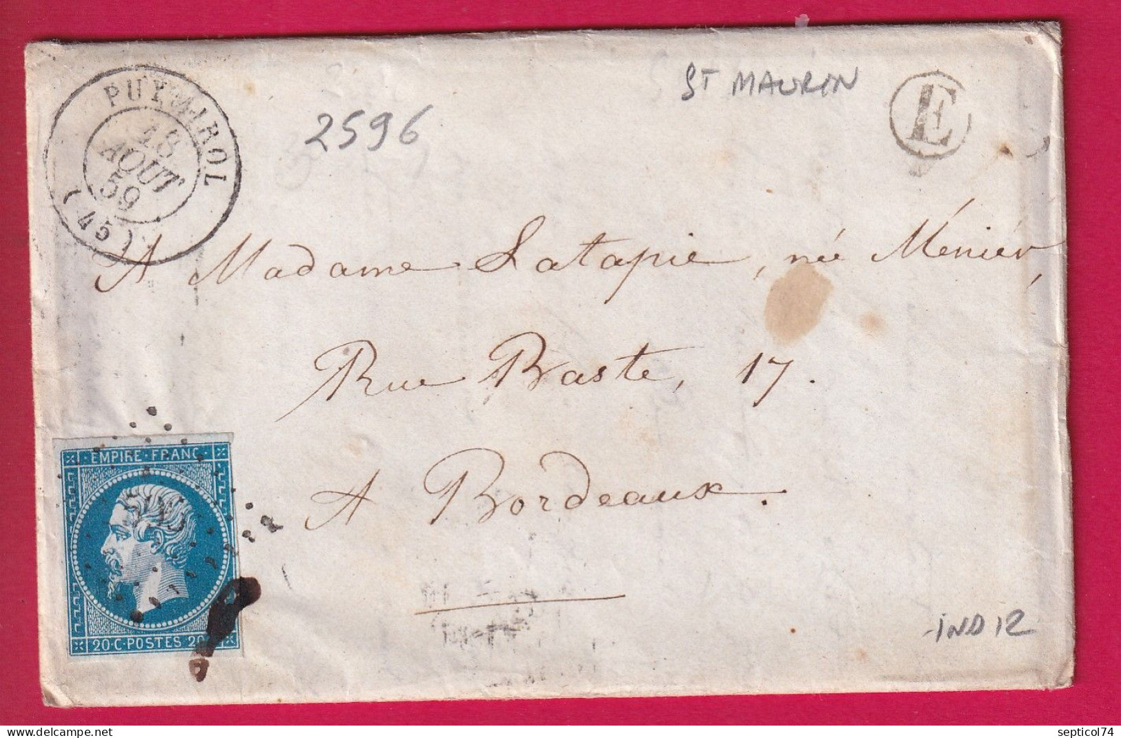 N°14 PC 2596 PUYMIROL LOT ET GARONNE INDICE 12 BOITE RURALE E ST MAURIN LETTRE - 1849-1876: Période Classique