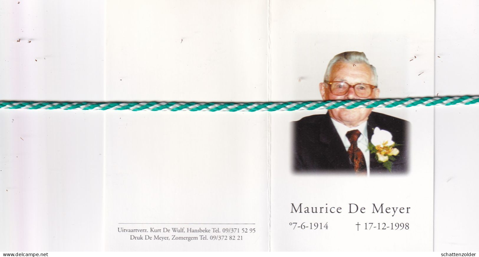 Maurice De Meyer-Beelaert, Merendree 1914, Drongen 1998. Oud-strijder 40-45; Foto - Décès