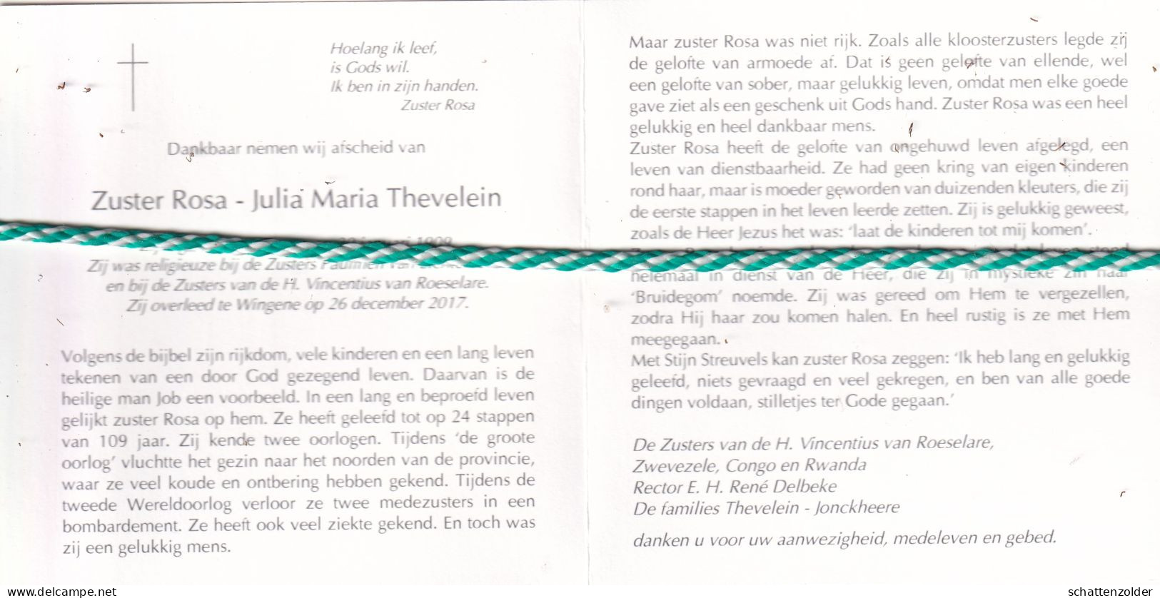 Zuster Rosa (Julia Maria Thevelein), Zarren 1909, Wingene 2017. Honderdjarige - Obituary Notices