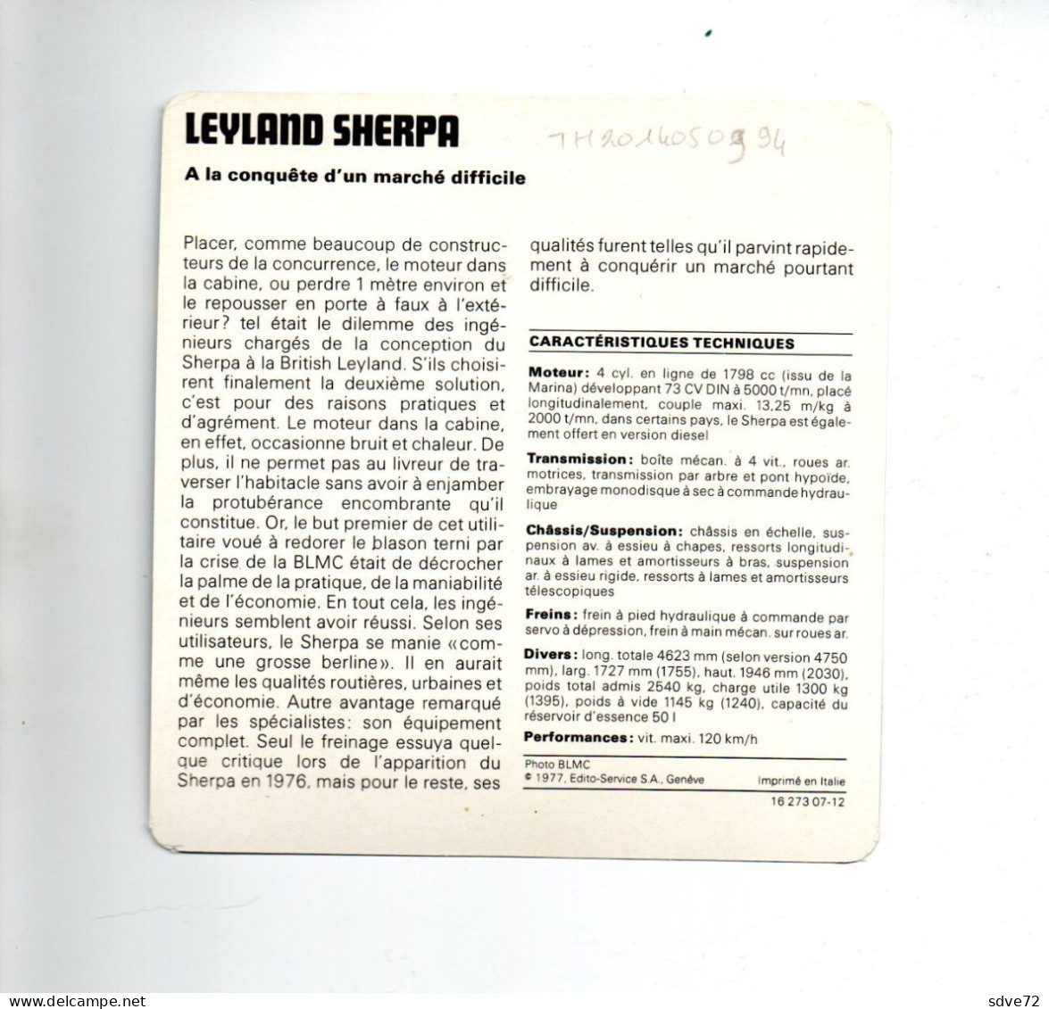 FICHE AUTOMOBILE - LEYLAND SHERPA - Voitures