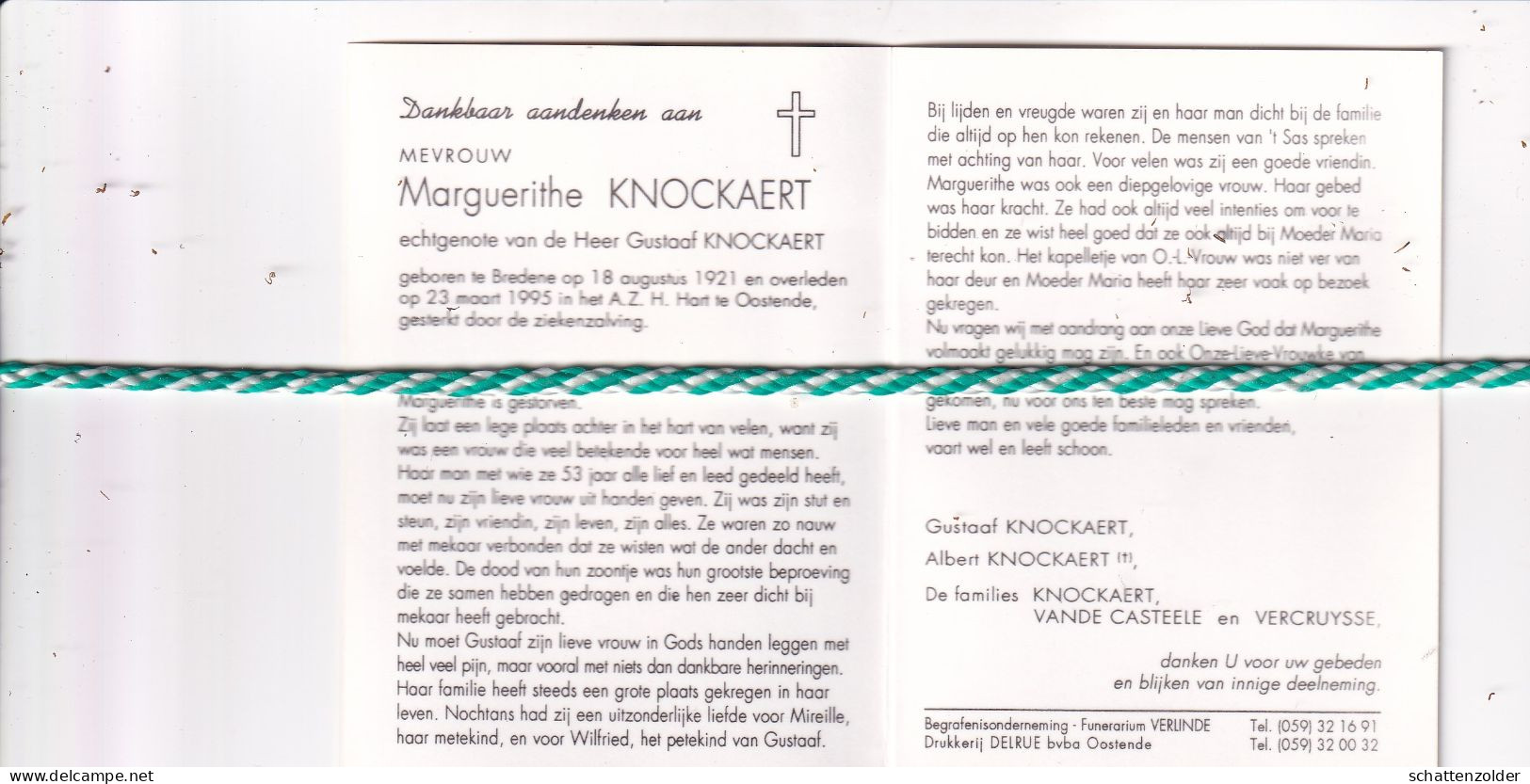 Marguerithe Knockaert, Bredene 1921, Oostende 1995. Foto - Overlijden