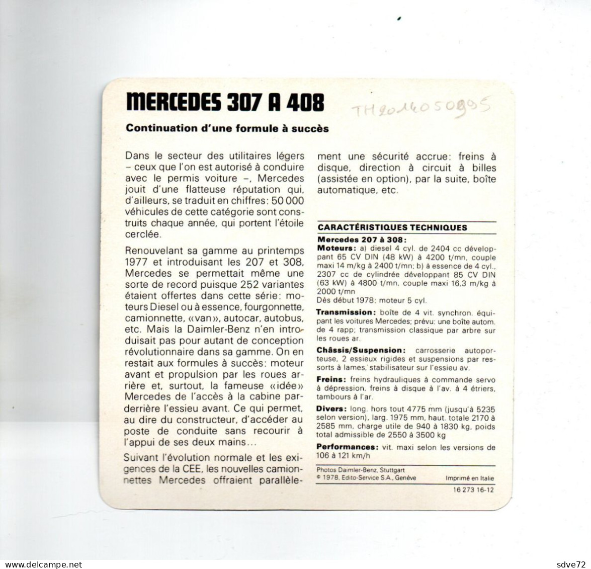 FICHE AUTOMOBILE - MERCEDES 307 A 408 - Auto's