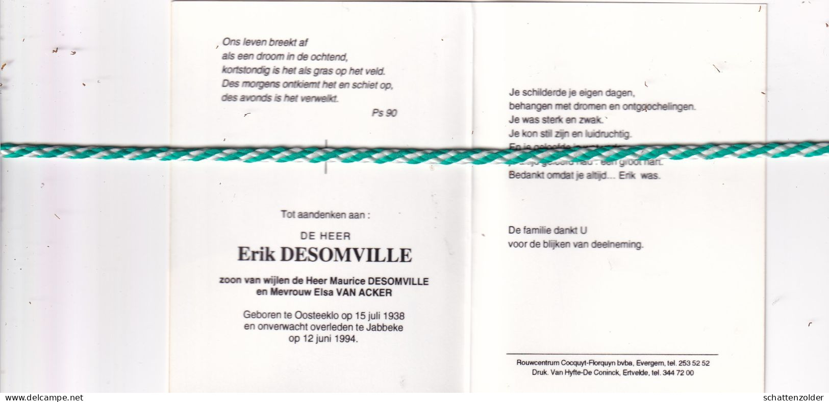Erik Desomville-Van Acker, Oosteeklo 1938, Jabbeke 1994. Foto - Obituary Notices