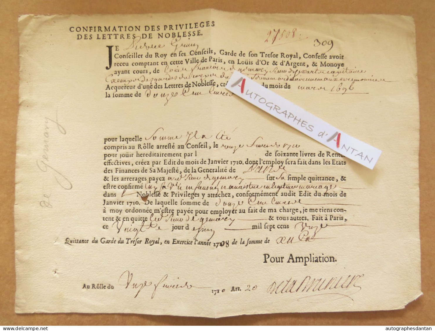 ● 1710 Confirmation Des Privilèges Des Lettres De Noblesse Quittance Garde Trésor Royal De Gemary Gemarys Ancien Régime - Historical Documents