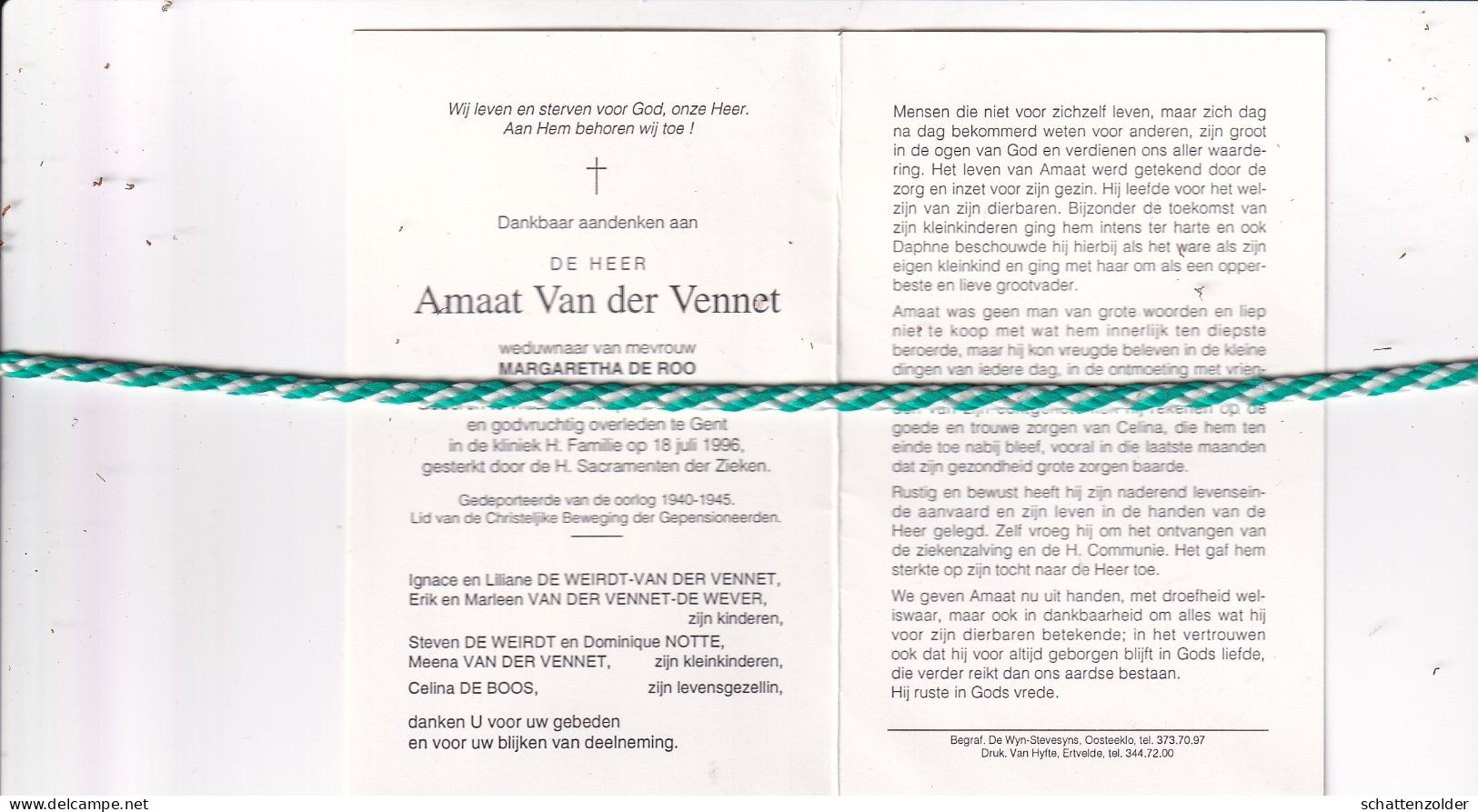 Amaat Van Der Vennet-De Roo, Waarschoot 1922, Gent 1996. Foto - Todesanzeige