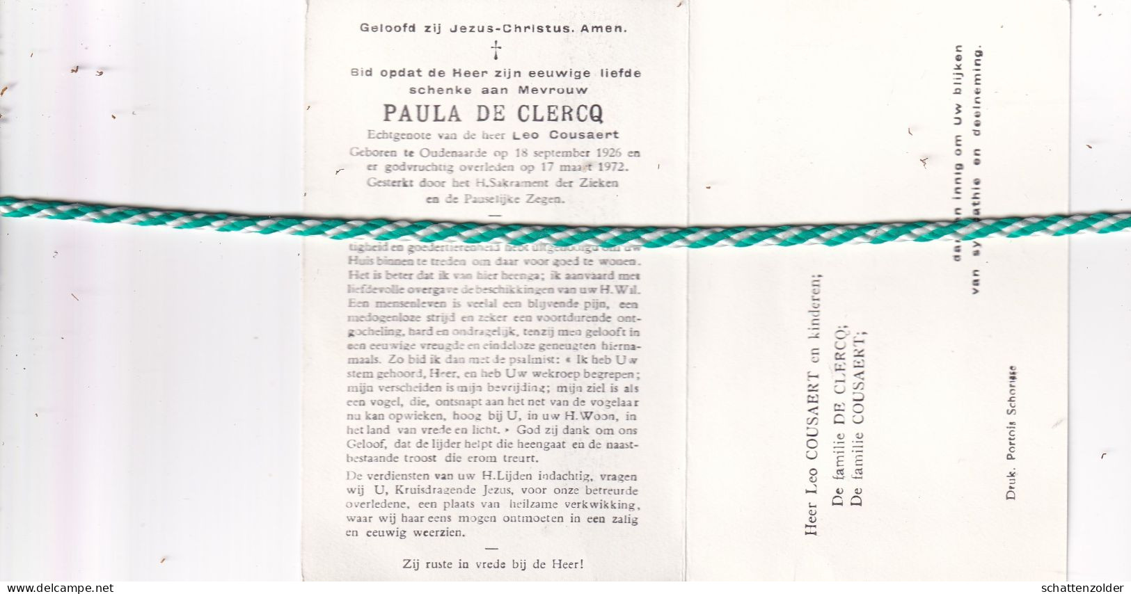 Paula De Clercq-Cousaert, Oudenaarde 1926, 1972 - Esquela