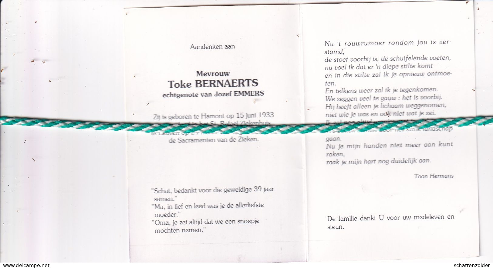 Toke Bernaerts-Emmers, Hamont 1933, Leuven 1994. Foto - Décès