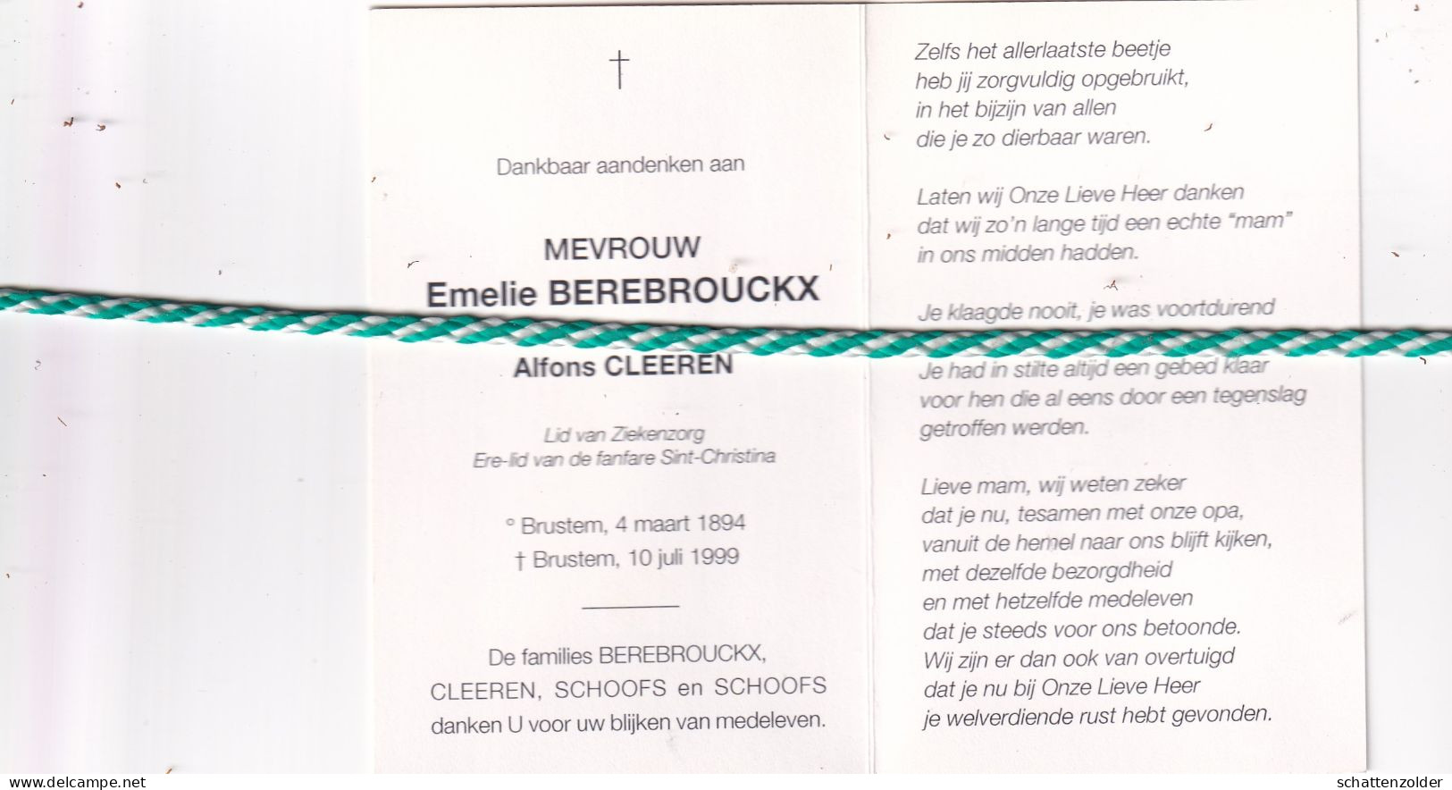 Emelie Berebrouckx-Cleeren, Brustem 1894, 1999. Honderdjarige. Foto - Décès