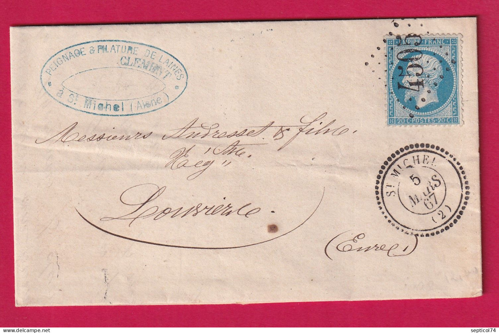 N°22 GC 4505 ST MICHEL AISNE 1867 CAD TYPE 22 POUR LOUVIERS EURE LETTRE - 1849-1876: Période Classique