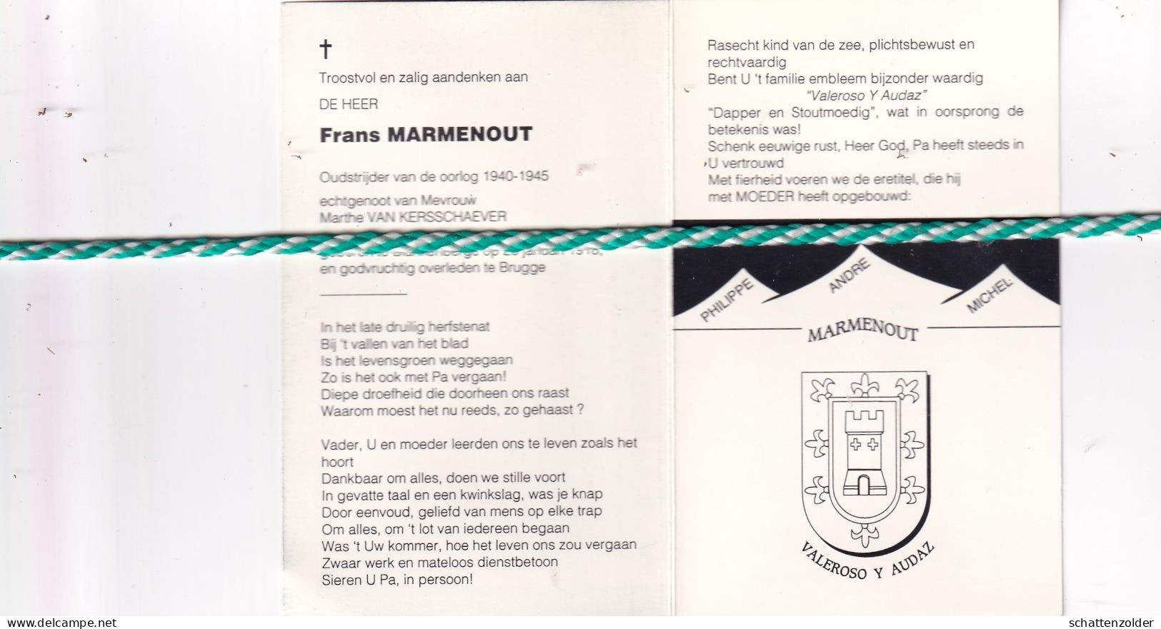 Frans Marmenout-Van Kersschaever, Blankenberge 1918, Brugge. Oud-strijder 40-45; Foto - Obituary Notices