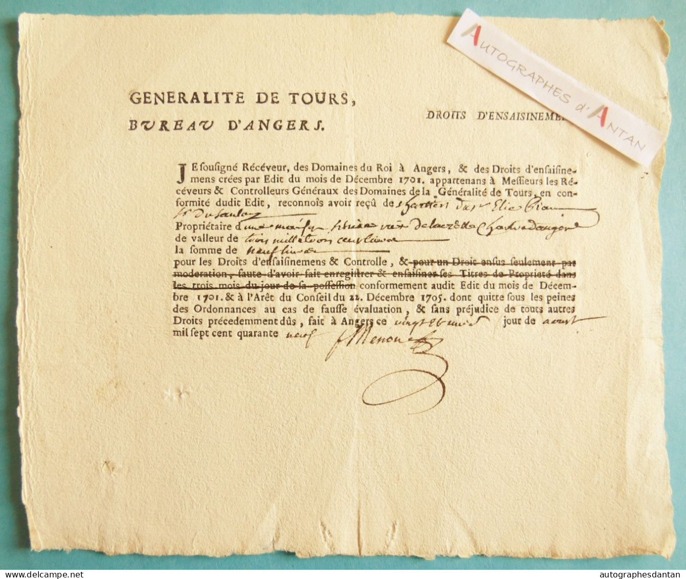 ● 1749 Généralité De TOURS Domaine Du Roi à ANGERS - Don à Un Hôpital - Anjou Vieux Papier Maine Et Loire Ancien Régime - Algemene Zegels