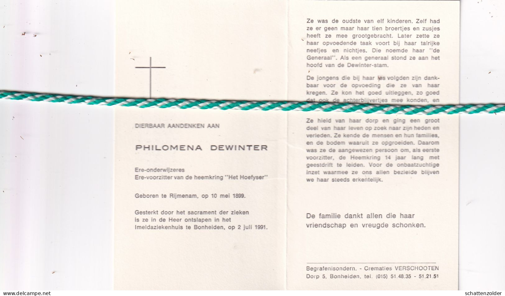 Philomena Dewinter, Rijmenam 1899, Bonheiden 1991. Ere Onderwijzeres, Foto Oude Klederdracht - Todesanzeige