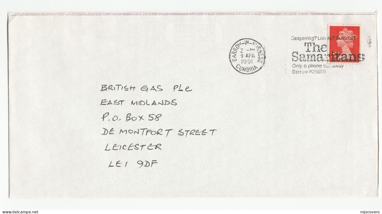 1991 COVER MENTAL HEALTH Lonely Suicidal SAMARITANS Only PHONE Call Away SLOGAN Barrow In Furness GB Stamps Telecom - Cartas & Documentos