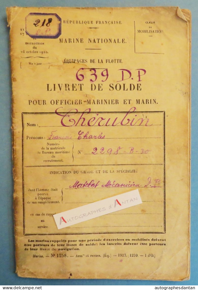 ● Livret De Solde Matelot Mécanicien François CHERUBIN Marine Nationale Brest Finistère Lambezellec 1930 - Documenten