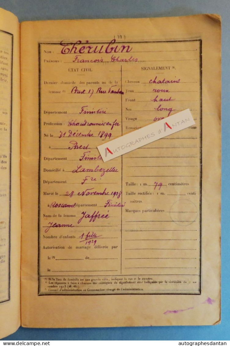 ● Livret De Solde Matelot Mécanicien François CHERUBIN Marine Nationale Brest Finistère Lambezellec 1930 - Documents