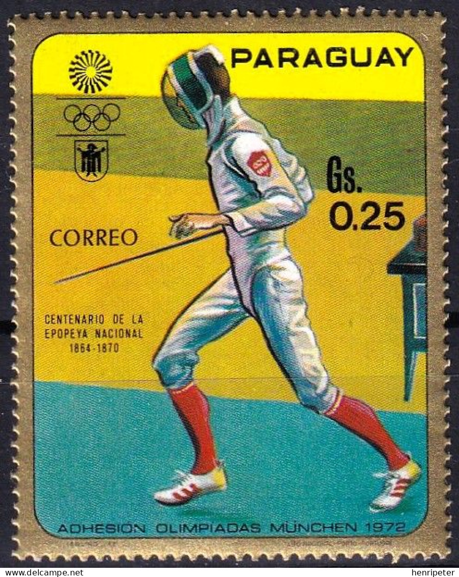 Timbre-poste Gommé Dentelé Neuf** - Jeux Olympiques D'été Munich 1972 Escrime - N° 1060 (Yvert) - Paraguay 1970 - Paraguay