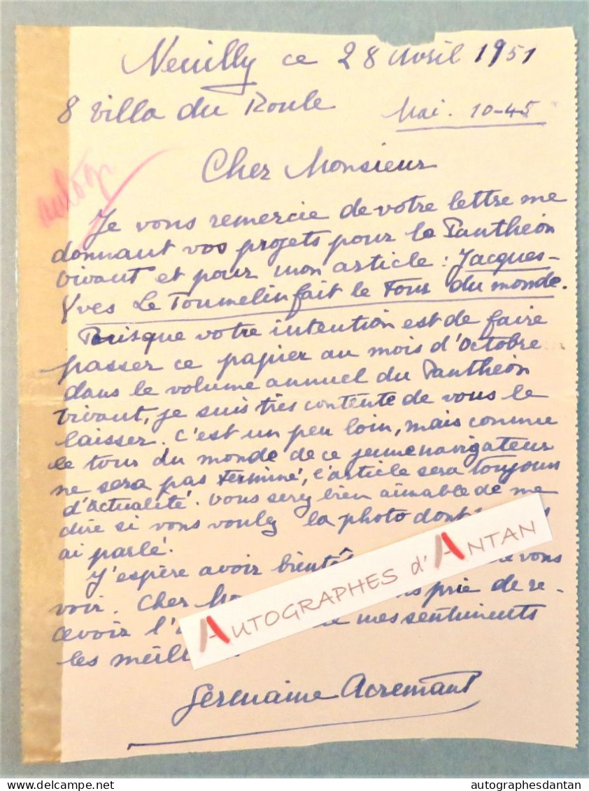 ● L.A.S 1951 Germaine ACREMANT Romancière Née à Saint Omer à M. Maurice D'Hartoy Panthéon Vivant Le Toumelin Lettre - Ecrivains
