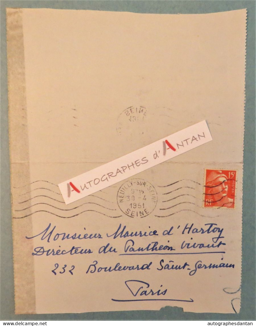 ● L.A.S 1951 Germaine ACREMANT Romancière Née à Saint Omer à M. Maurice D'Hartoy Panthéon Vivant Le Toumelin Lettre - Escritores