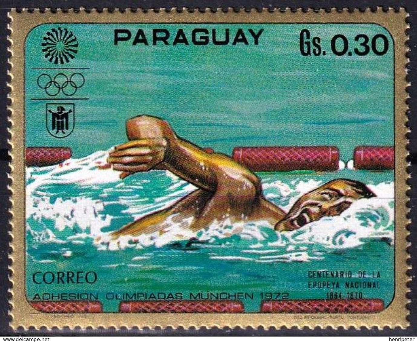 Timbre-poste Gommé Dentelé Neuf** - Jeux Olympiques D'été Munich 1972 Natation - N° 1061 (Yvert) - Paraguay 1970 - Paraguay