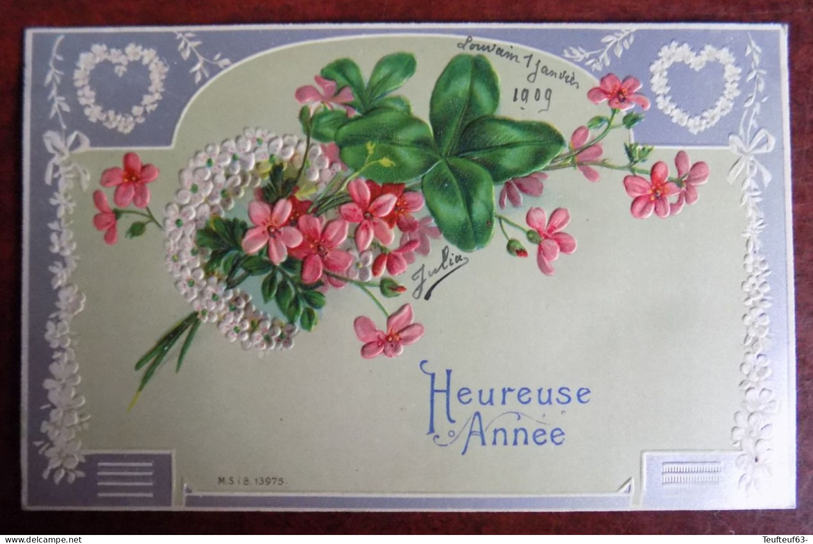 Cpa Heureuse Année Trèfle Fleurs Relief Art Nouveau Louvain 1909 - New Year