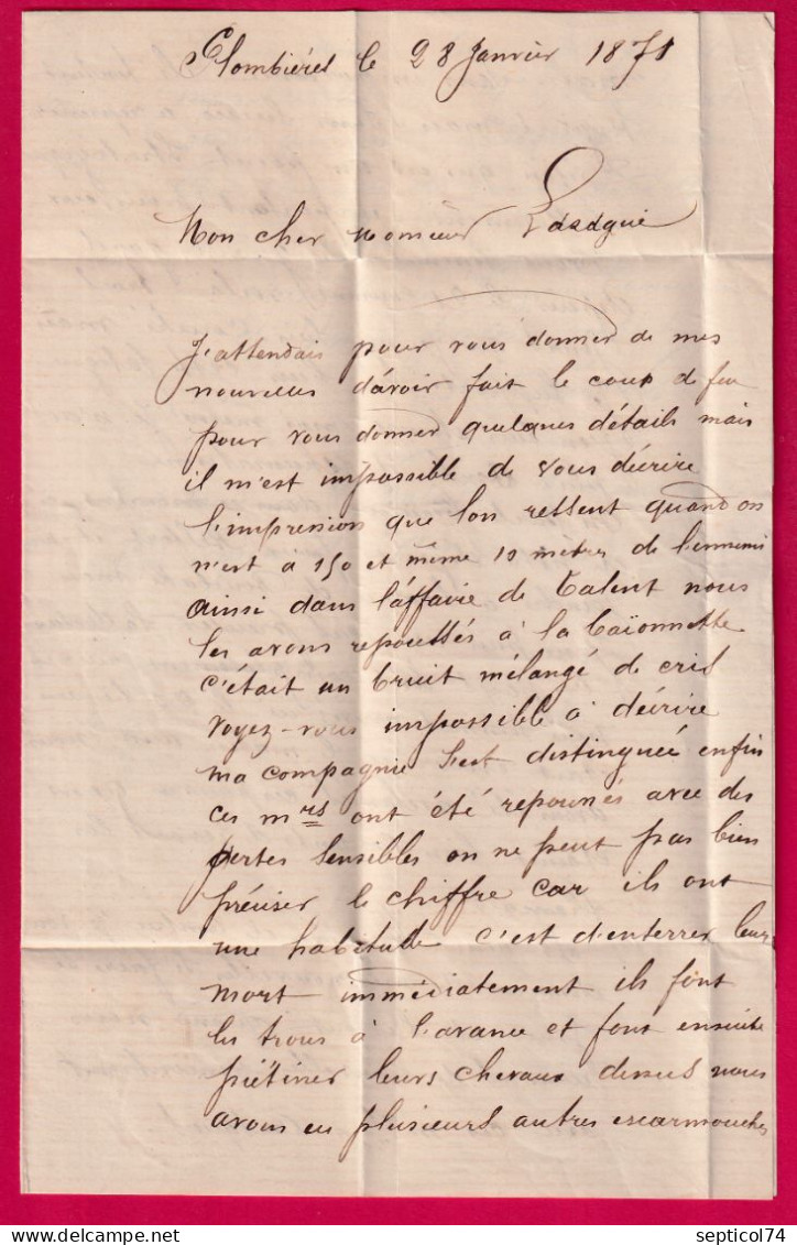 GUERRE 1870 PLOMBIERES LES DIJON COTE D'OR PP GARDE NATIONALE 1ER LEGION DE L'AIN POUR LYON 28 JANVIER 1871 LETTRE - Guerra De 1870