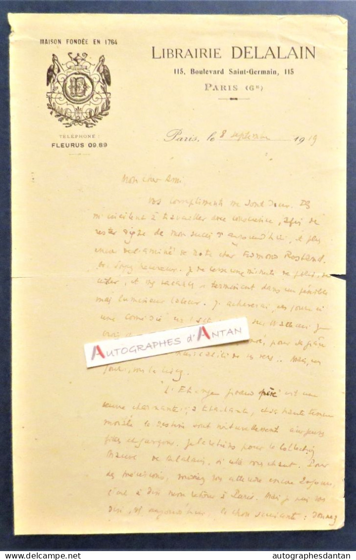 ● L.A.S 1919 André LAMANDE Poète écrivain Né à Blaye (Gironde) Librairie DELALAIN - Edmond Rostand - Lettre Autographe - Schrijvers