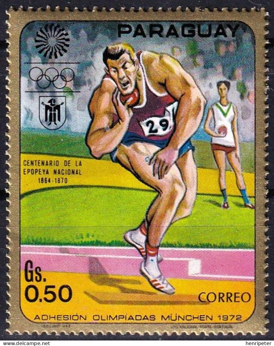 Timbre-poste Gommé Dentelé Neuf** - Jeux Olympiques D'été Munich 1972 Lancer Du Poids - N° 1062 (Yvert) - Paraguay 1970 - Paraguay