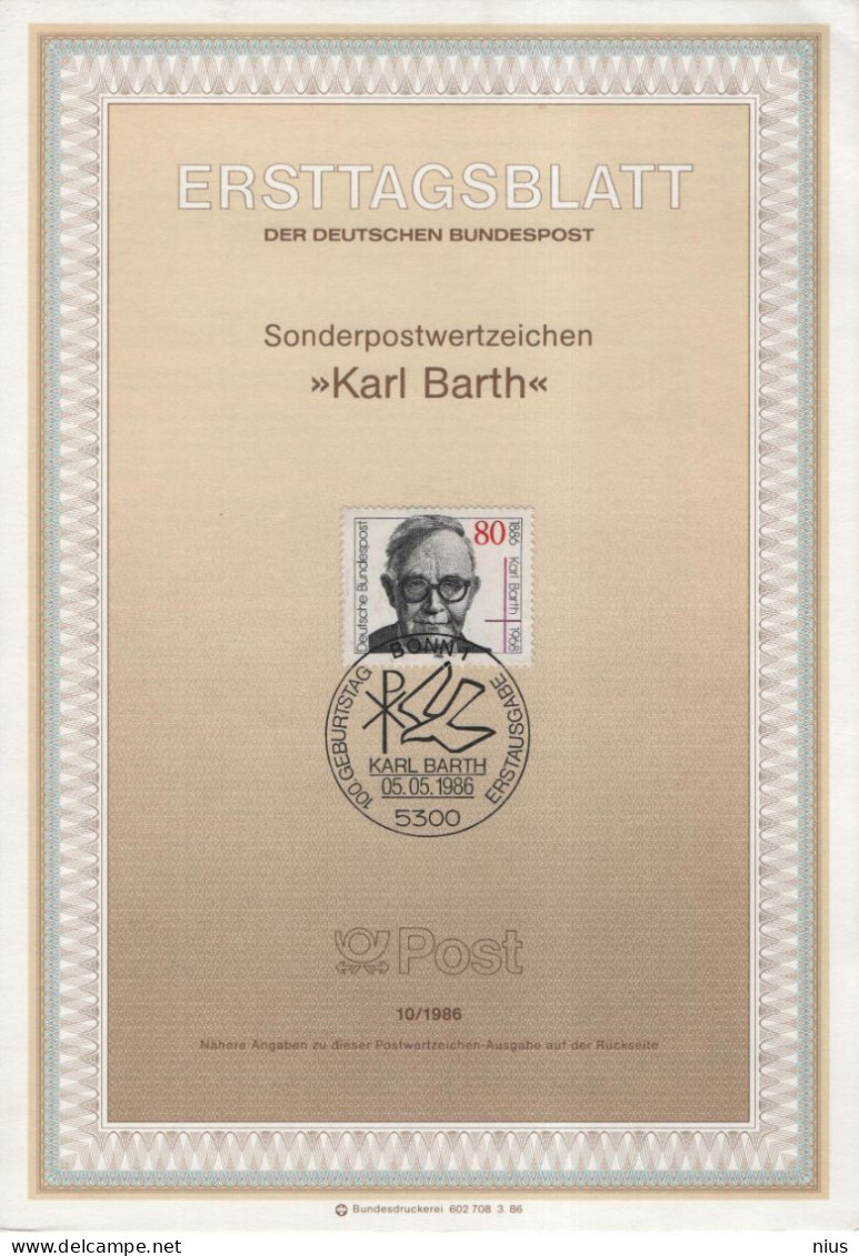 Germany Deutschland 1986-10 Karl Barth, Swiss Calvinist Theologian, Canceled In Bonn - 1981-1990