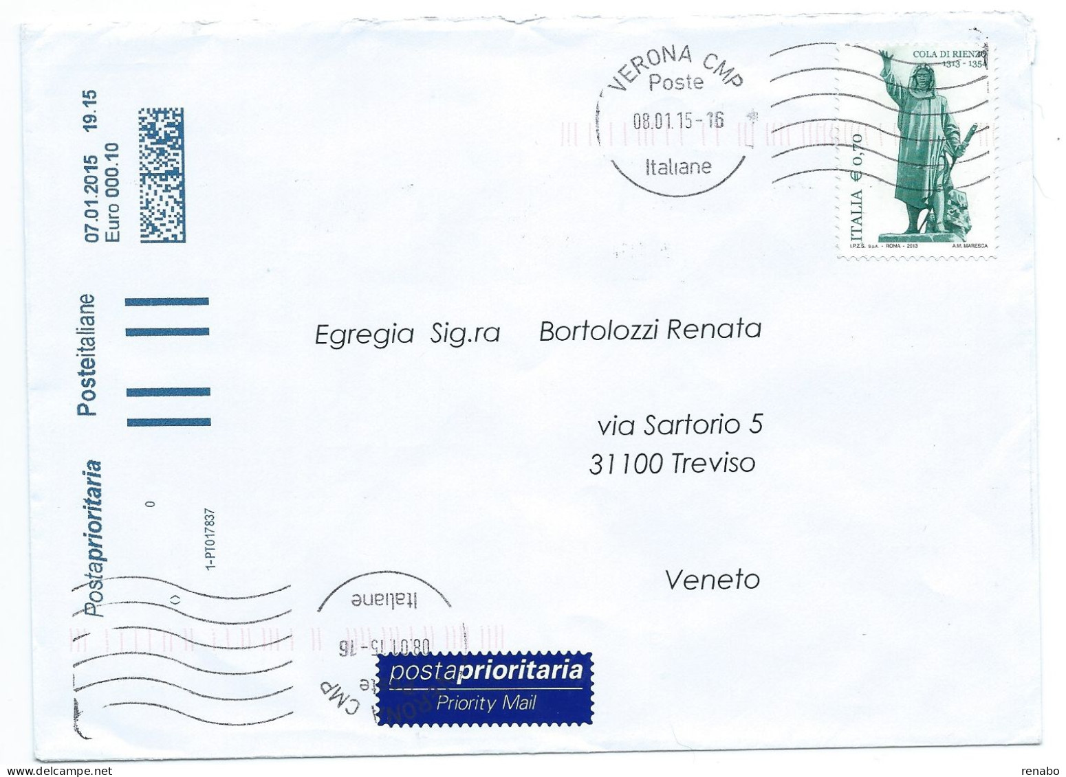 Italia 2015 ; Storia Postale: Cola Di Rienzo + Incremento Stampato. Serie Completa. - 2011-20: Cartas & Documentos