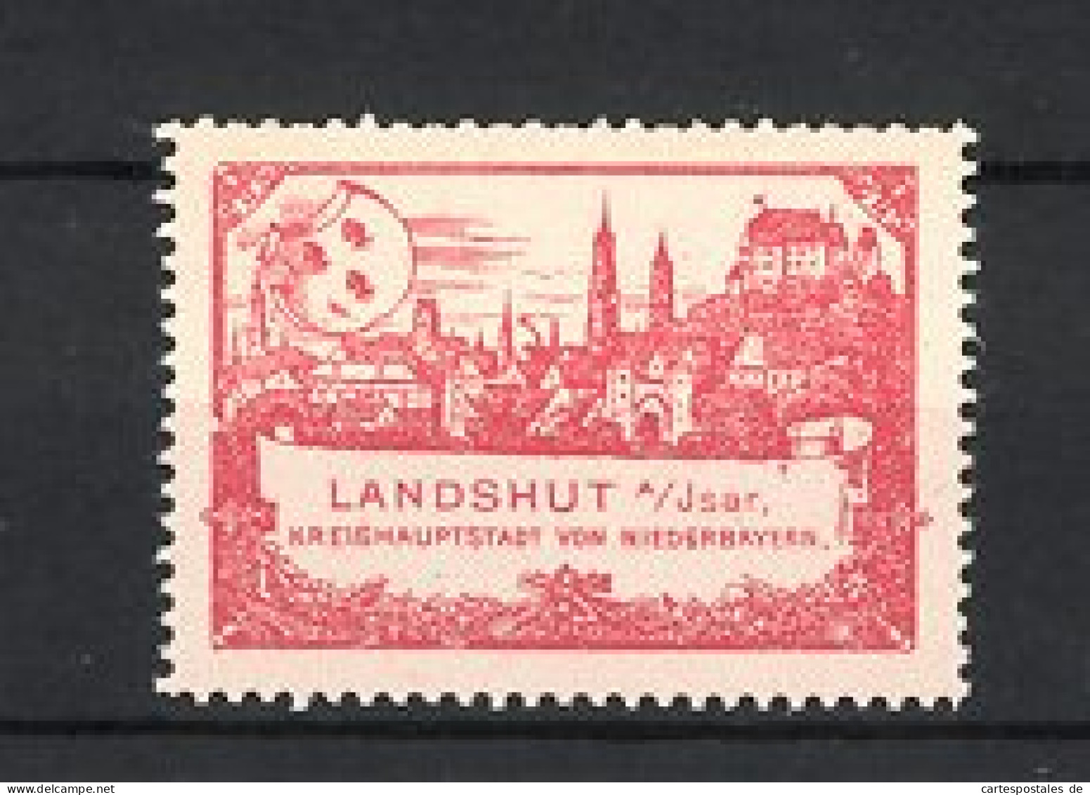 Reklamemarke Landshut, Kreishauptstadt Niederbayern, Wappen Und Stadtansicht, Rot  - Vignetten (Erinnophilie)