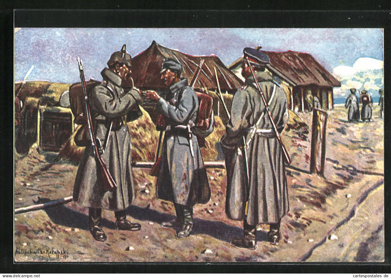 Künstler-AK Drei Waffenbrüder In Einem Serbischen Dorf, Zweibund  - Weltkrieg 1914-18