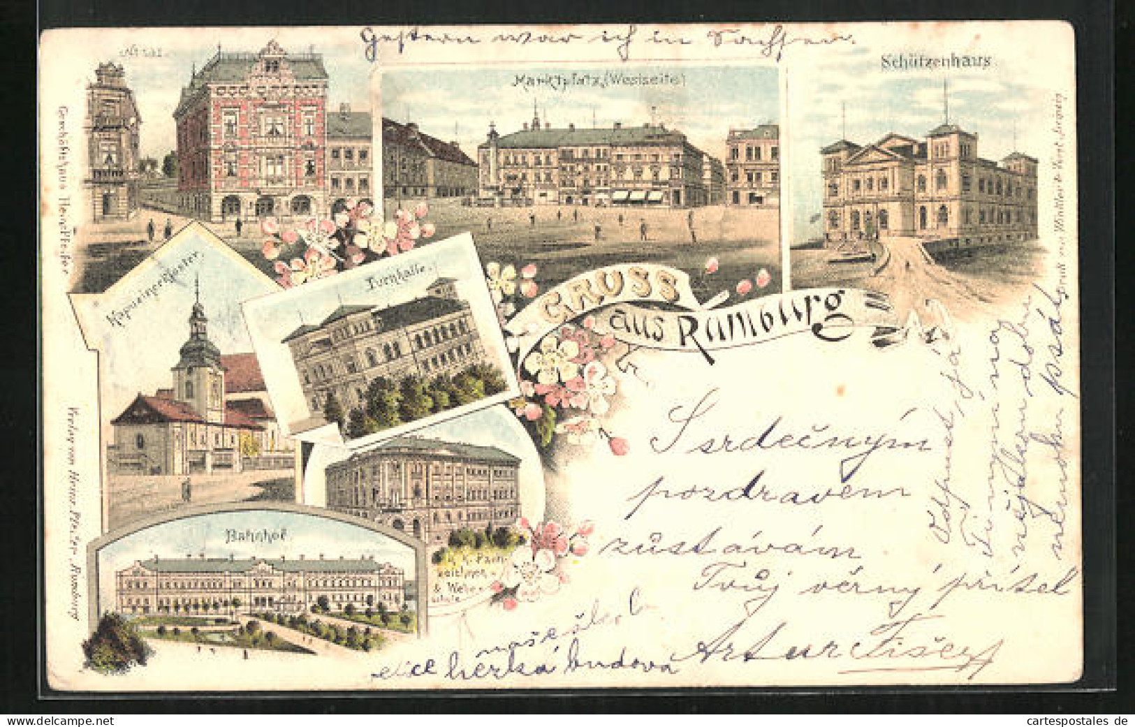 Lithographie Rumburg / Rumburk, Bahnhof, Kapuzinerkloster, Schützenhaus  - Tschechische Republik