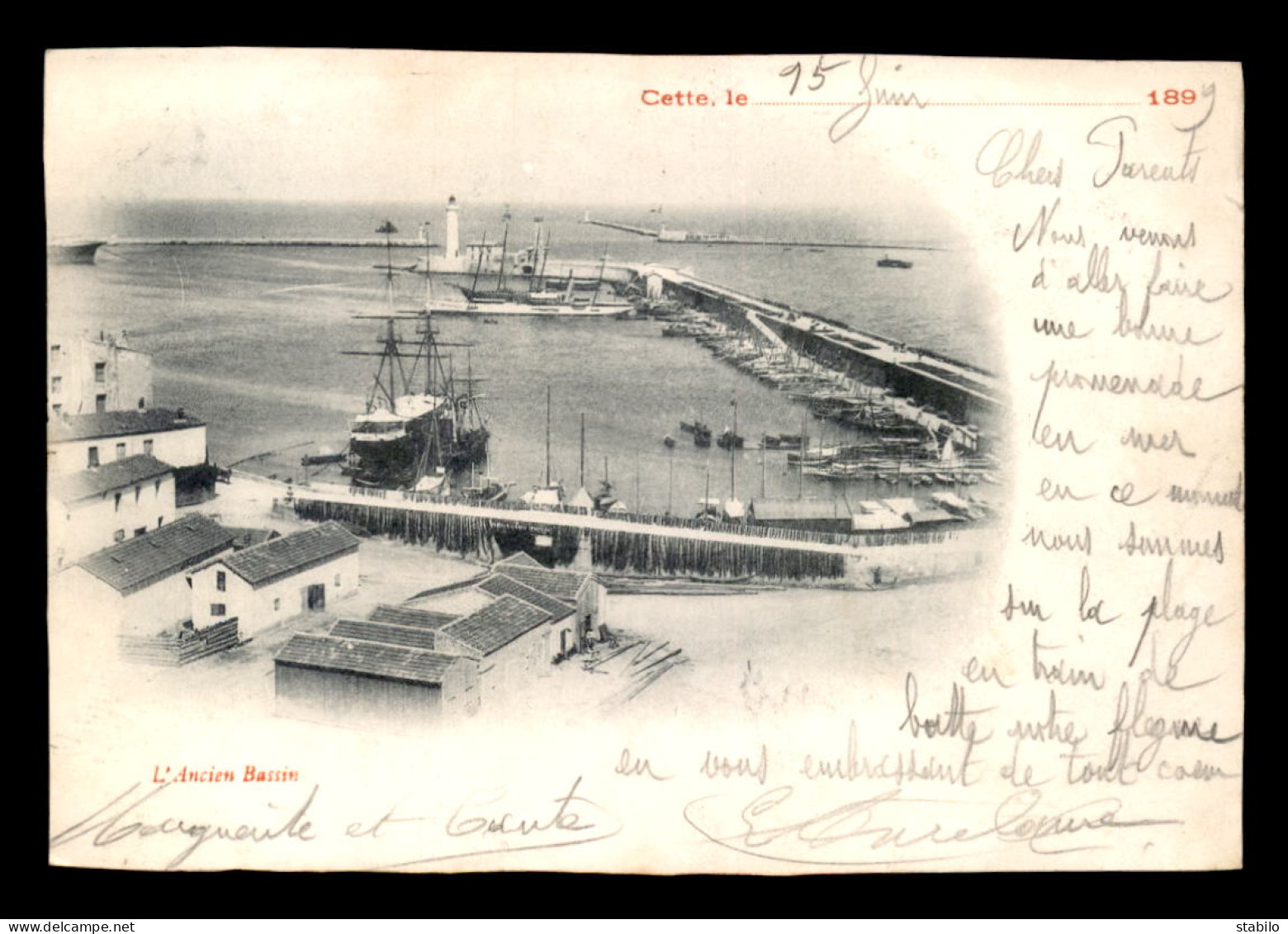 34 - SETE - CETTE - L'ANCIEN BASSIN - CARTE PIONNIERE VOYAGEE EN 1899 - VOIR ETAT - Sete (Cette)