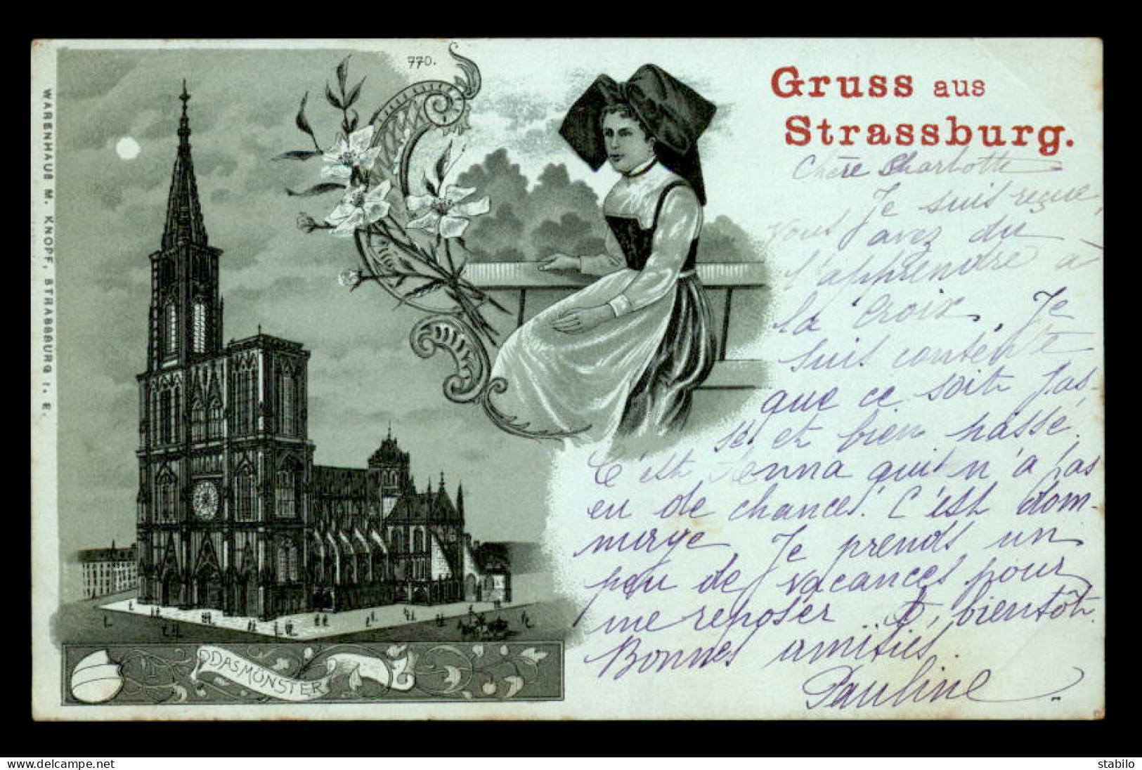 67 - STRASBOURG - CARTE LITHOGRAPHIQUE GRUSS - L'EGLISE ET ALSACIENNE - Strasbourg