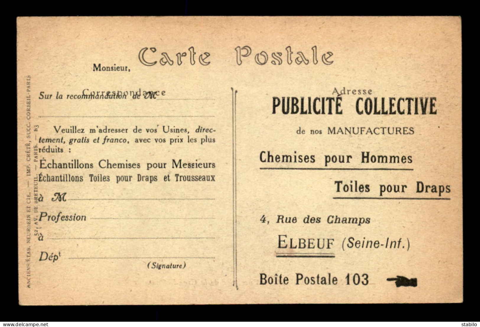 76 - ELBEUF - MANUFACTURES DE CHEMISES, TOILES ET DRAPS, 4 RUE DES CHAMPS - CARTE DE SERVICE - Elbeuf