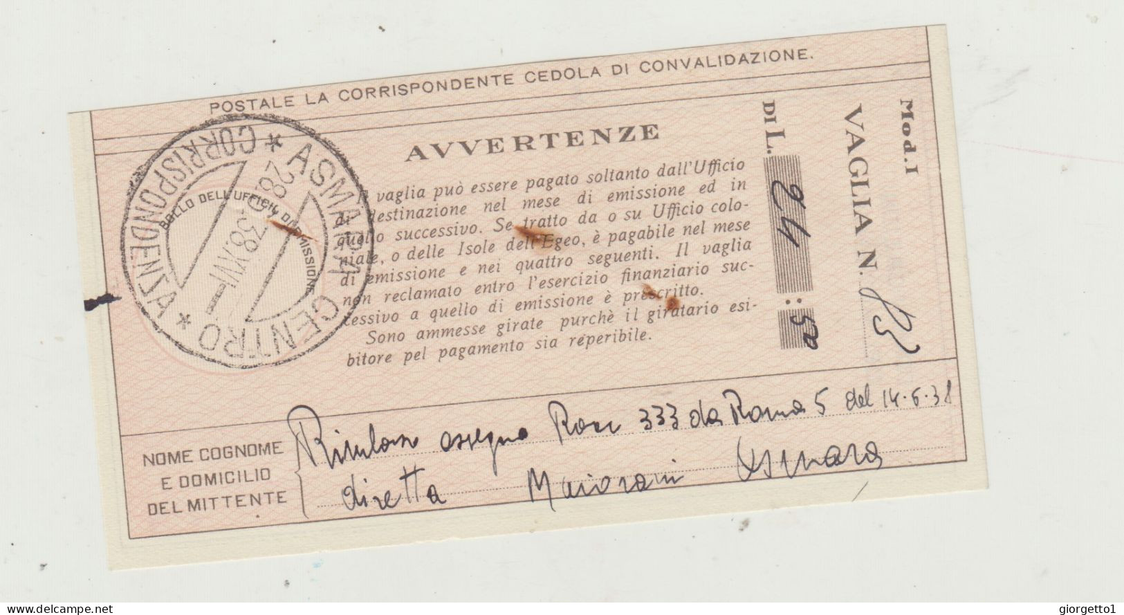 TAGLIANDO -RICEVUTA EMISSIONE VAGLIA -ASMARA CENTRO DEL 1938 WW2 - Poststempel