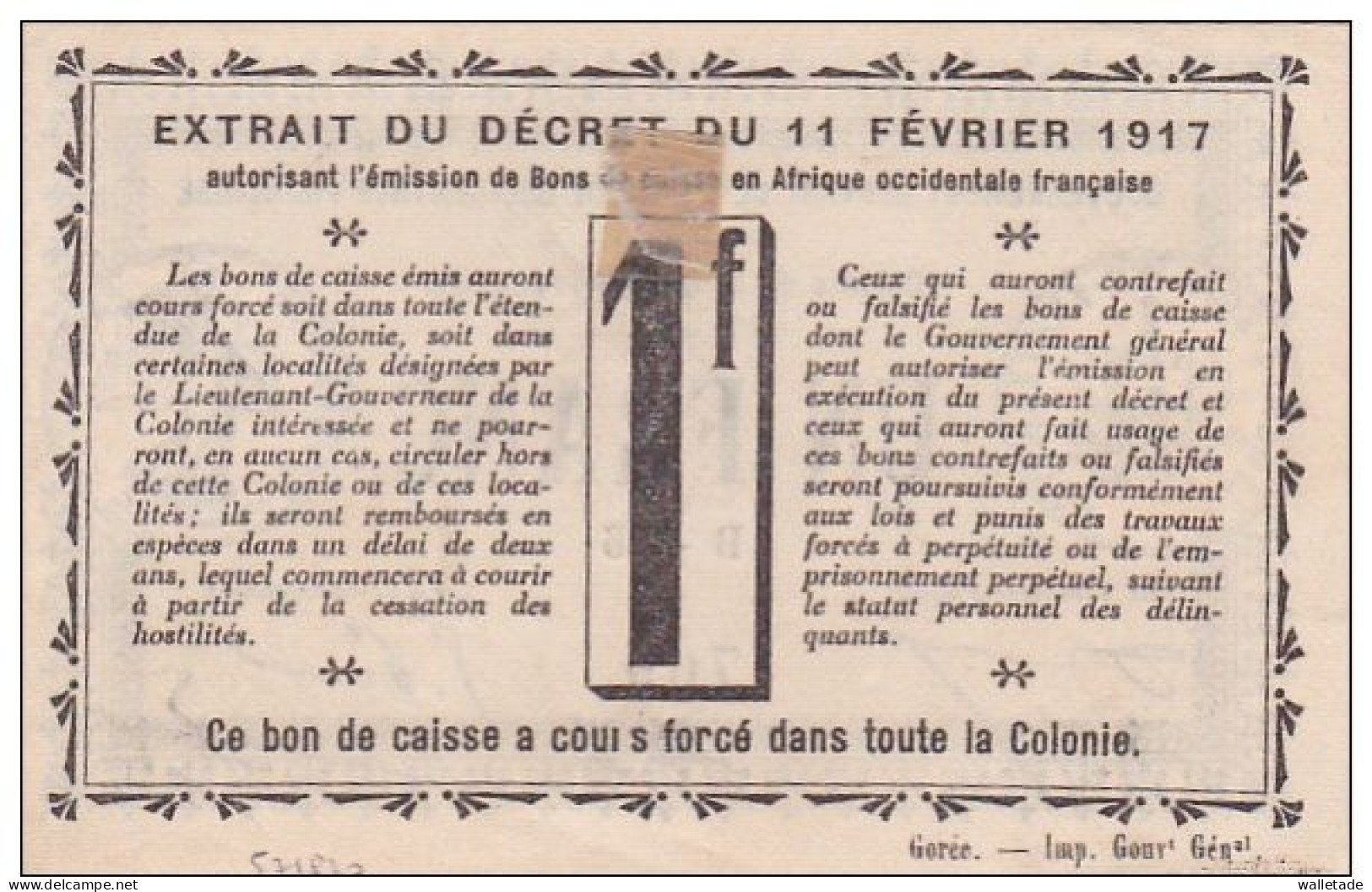 GUINEE - BON DE CAISSE DE 1franc Afrique Occidentale Française - Colonies - 1917 - Guerre 14 - WW1 - Bons & Nécessité