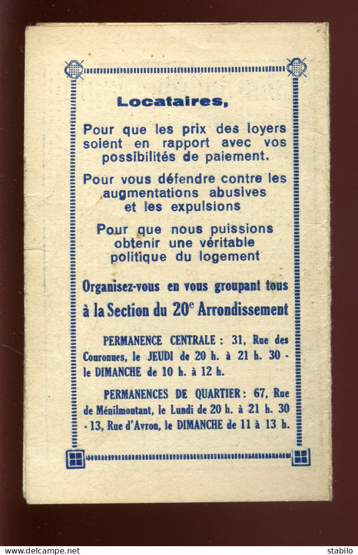 CALENDRIER - CONFEDERATION DES LOCATAIRES PARIS - 1958 - Tamaño Pequeño : 1941-60