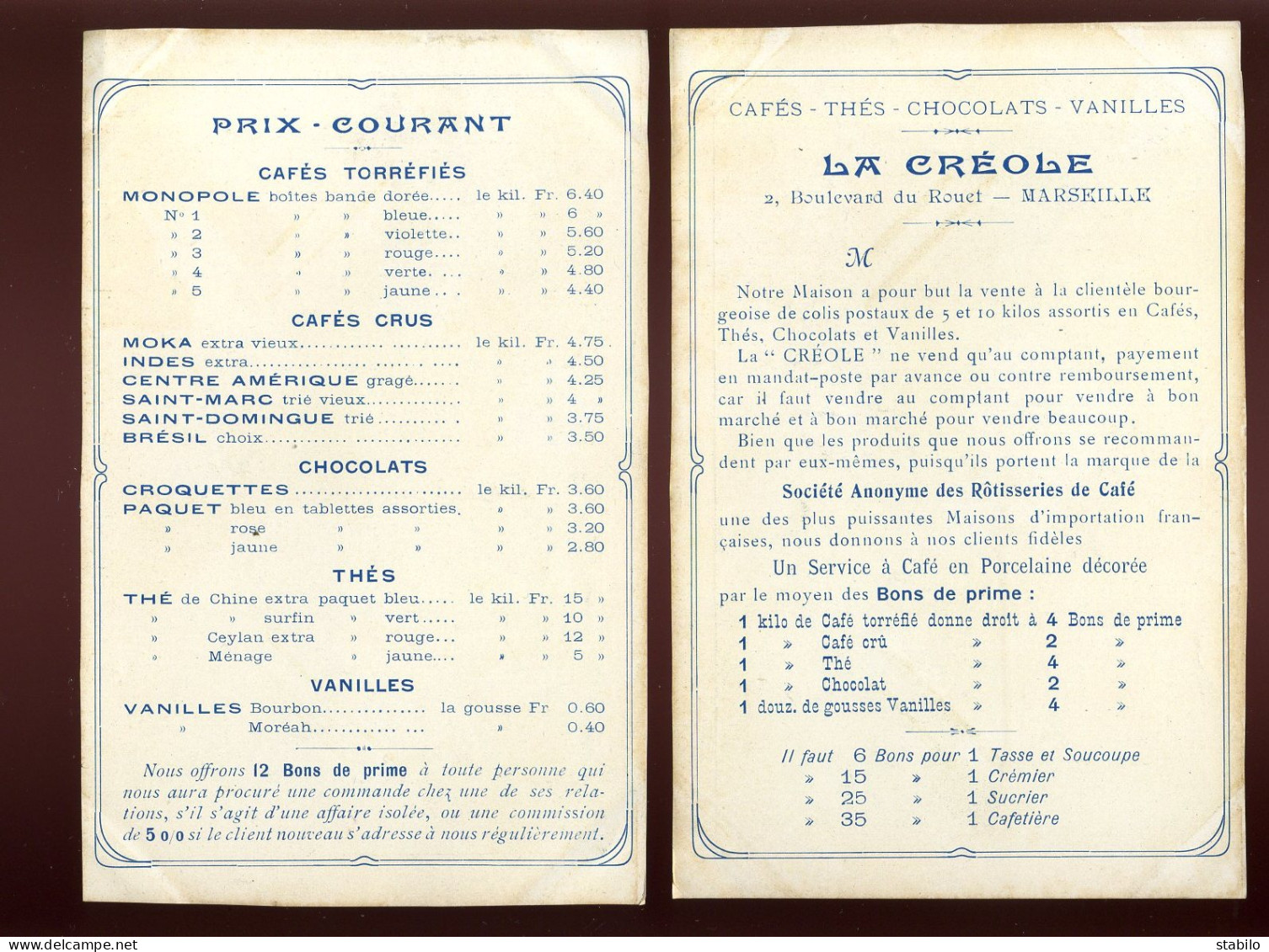 MARSEILLE - "LA CREOLE" CAFES-THES-CHOCOLATS-VANILLES - 2  BLD DU ROUET - Publicités