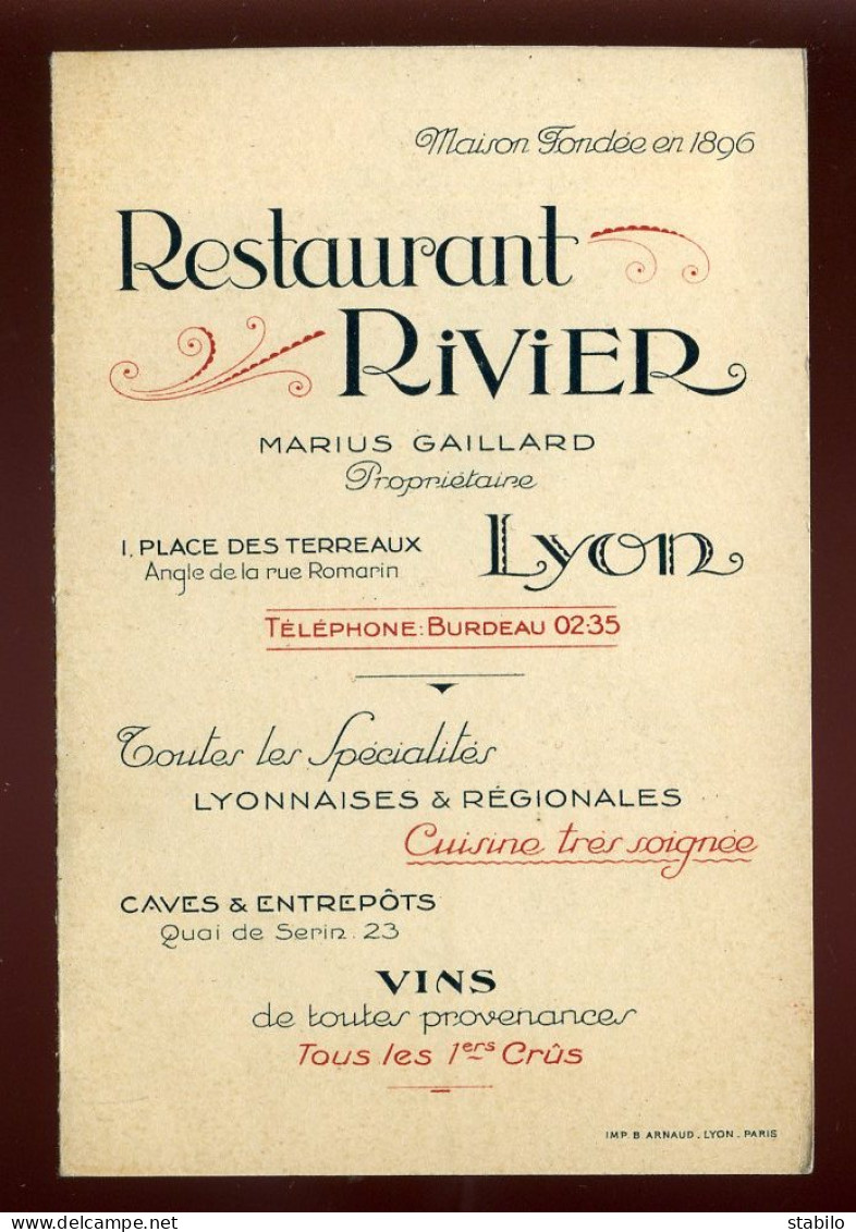 CARTE DE VISITE - LYON - RESTAURANT RIVIER 1 PLACE DES TERREAUX - PROPRIETAIRE MARIUS GAILLARD - Visitenkarten