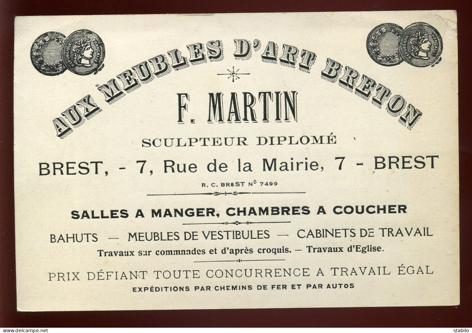 CARTE DE VISITE - BREST - MEUBLES D'ART BRETON F. MARTIN SCULPTEUR - 7 RUE DE LA MAIRIE - Visitenkarten