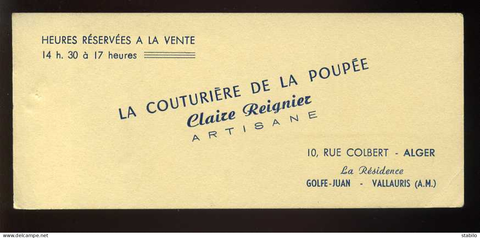 CARTE DE VISITE - ALGER - GOLFE-JUAN - VALLAURIS - LA COUTURIERE DE LA POUPEE CLAIRE REIGNIER  - Cartes De Visite